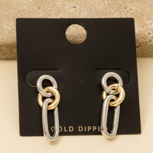 Gold Dipped Two Tone Oval Chain Stud Dangle Earrings